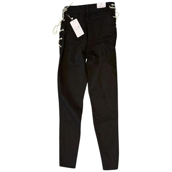 Labijou Black Lace Up Skinny Pants Silver Side Grommets Stretch Fit Size M - Picture 2 of 8